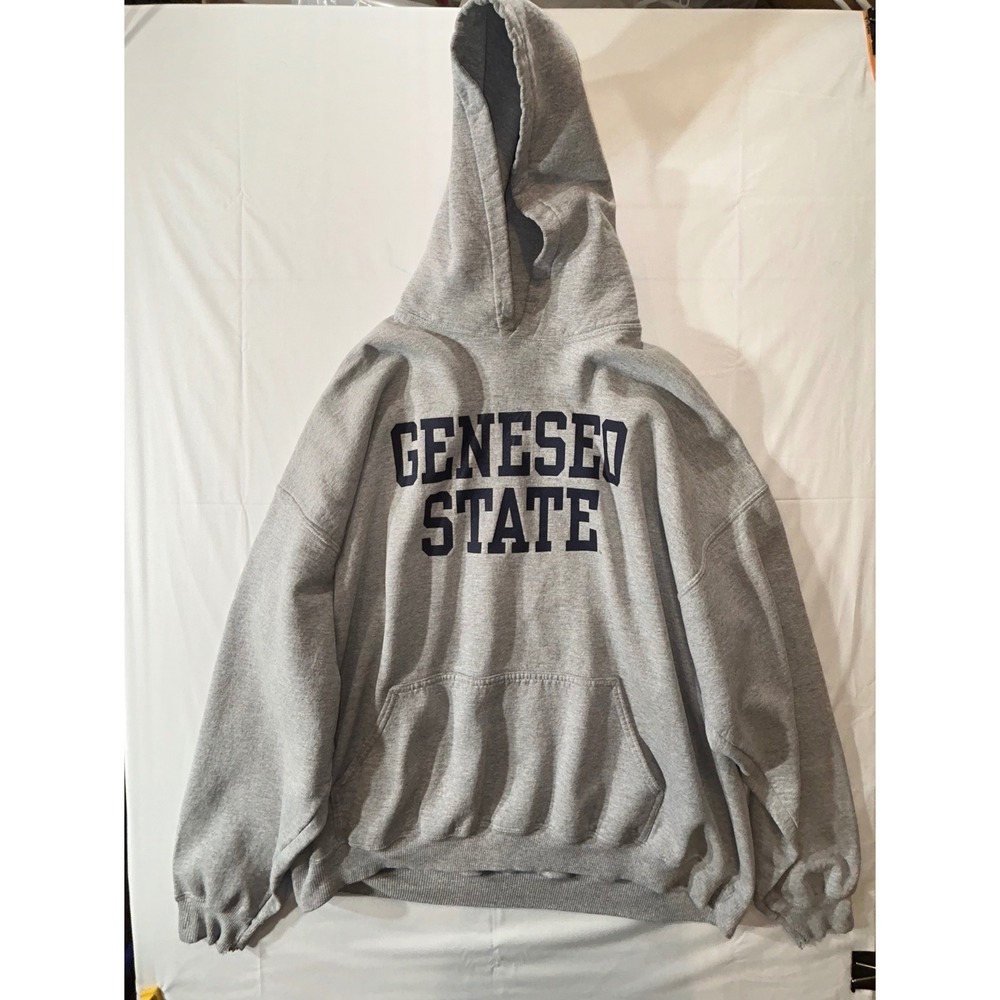 Gildan Ultra Cotton Geneseo State Hoodie Gray Navy Blue Graphic Sweatshirt 2XL